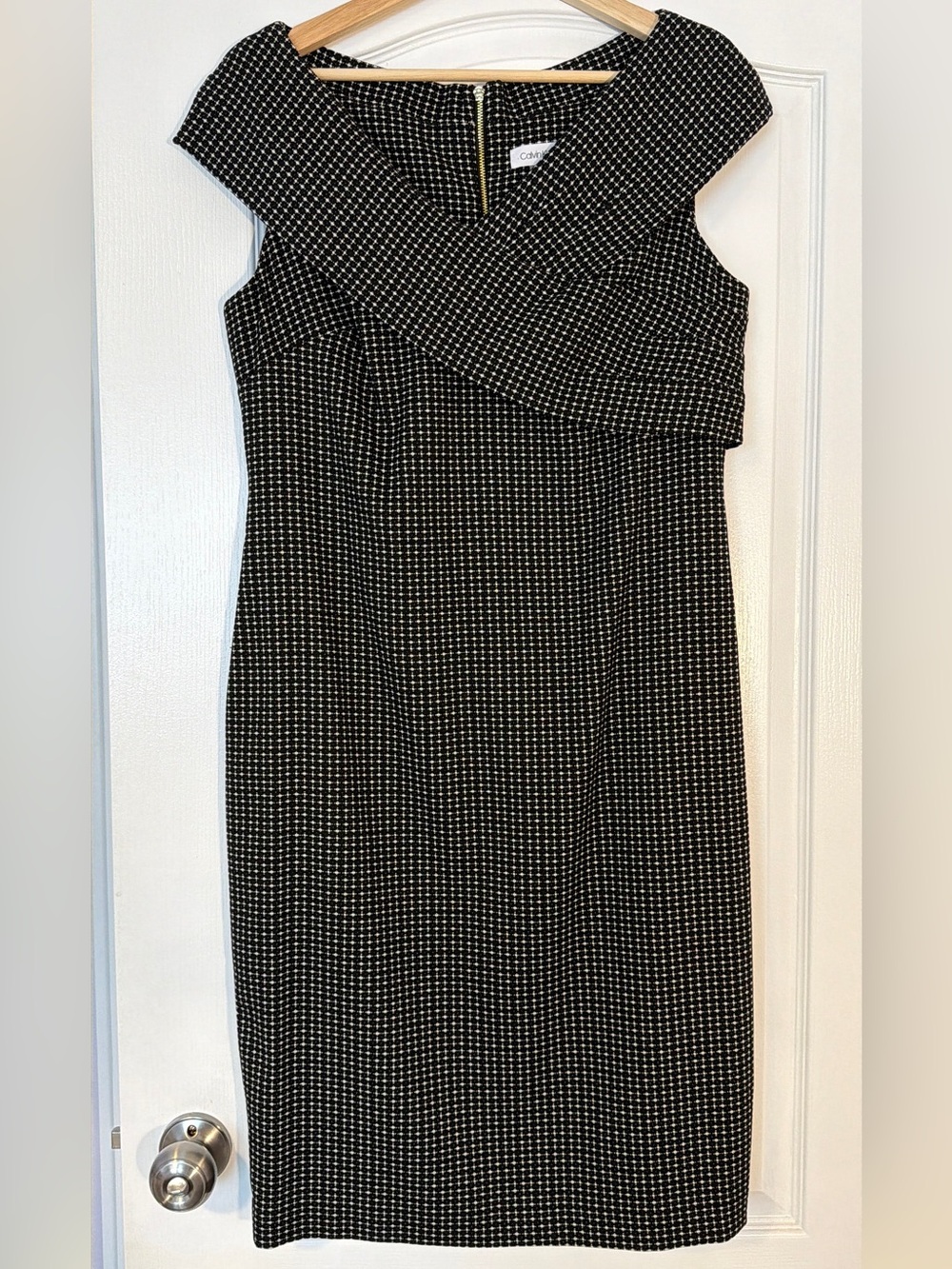 Calvin Klein Off-the-Shoulder Sheath Dress Black White Patterned Size 14